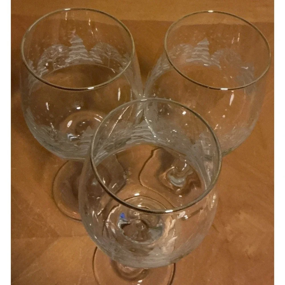 Libbey Winter Scene Set Of 3 Wine Water Glasses Frosted Trees Gold Rims - Picture 7 of 9